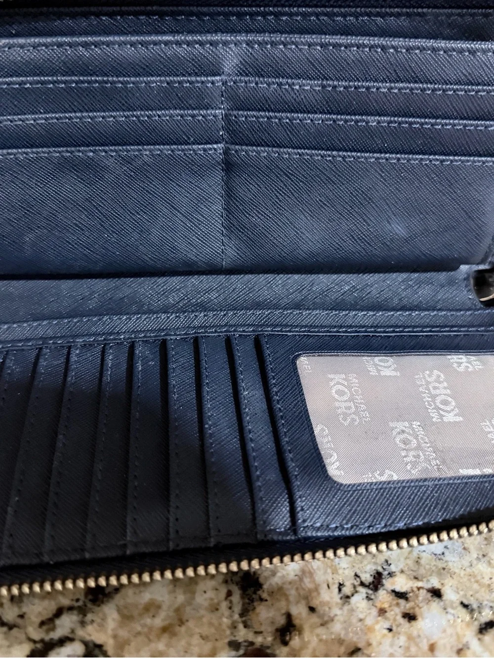 Michael Kors Navy Pebbled Leather Zip Wristlet Phone Wallet with Gold Plate